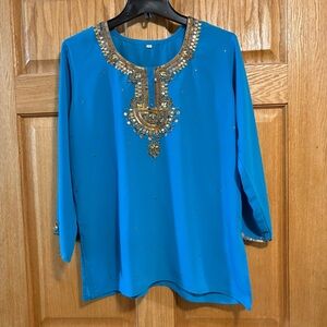 Teal Georgette Kurti Kurta Blouse Hand Embroidered & Beaded Embellished Womens L